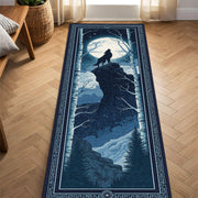 Moonlit Wolf Runner Rug for Hallway, Nordic Night Forest Carpet, Howling Wolf on Cliff Mat, Dark Blue Celestial Cabin Lodge Decor