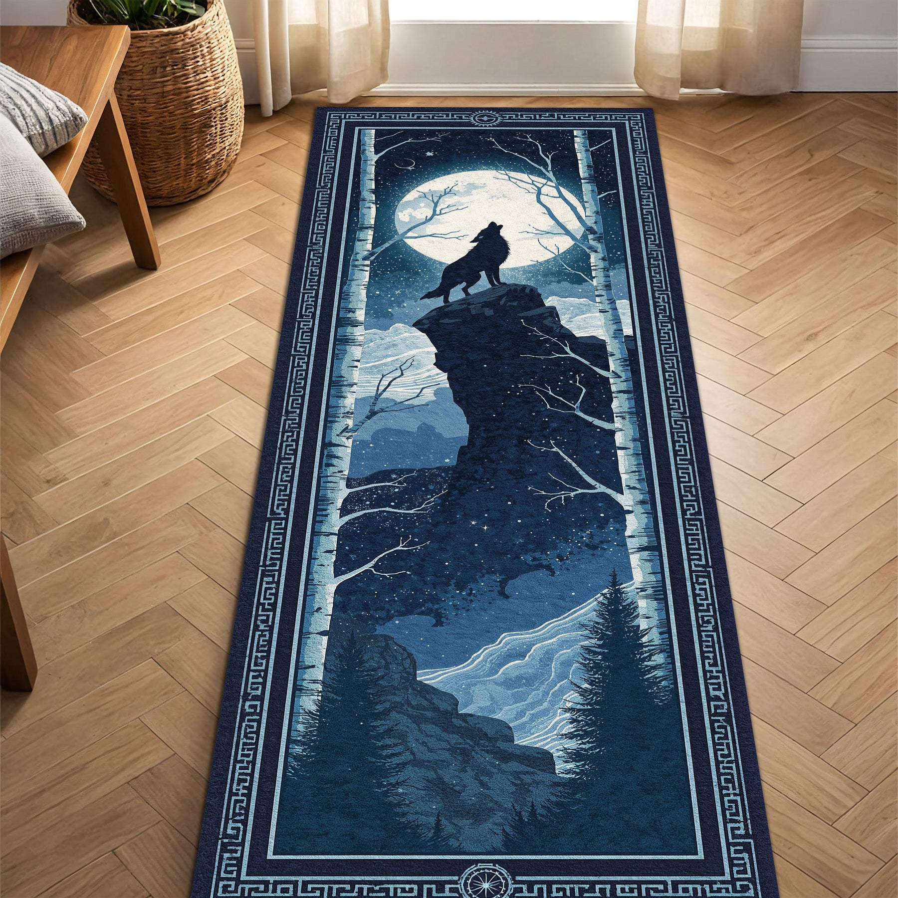 Moonlit Wolf Runner Rug for Hallway, Nordic Night Forest Carpet, Howling Wolf on Cliff Mat, Dark Blue Celestial Cabin Lodge Decor