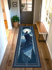 Moonlit Wolf Runner Rug for Hallway, Nordic Night Forest Carpet, Howling Wolf on Cliff Mat, Dark Blue Celestial Cabin Lodge Decor