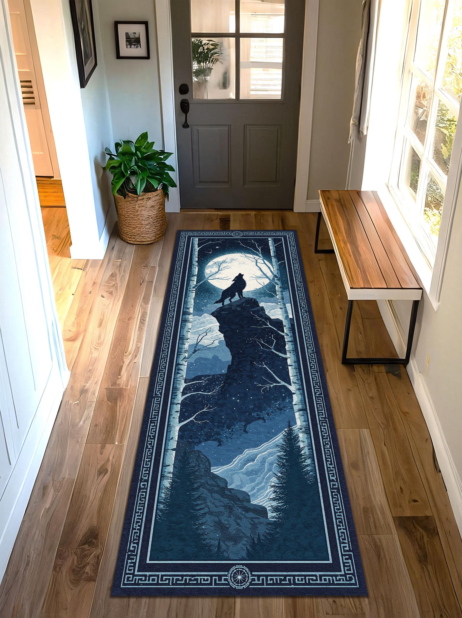 Moonlit Wolf Runner Rug for Hallway, Nordic Night Forest Carpet, Howling Wolf on Cliff Mat, Dark Blue Celestial Cabin Lodge Decor
