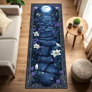 Moonlit Path Runner Rug, Mystical Floral Night Sky Carpet with Celestial Stars and Lilies, Non Slip Washable Hallway Runner Home Decor