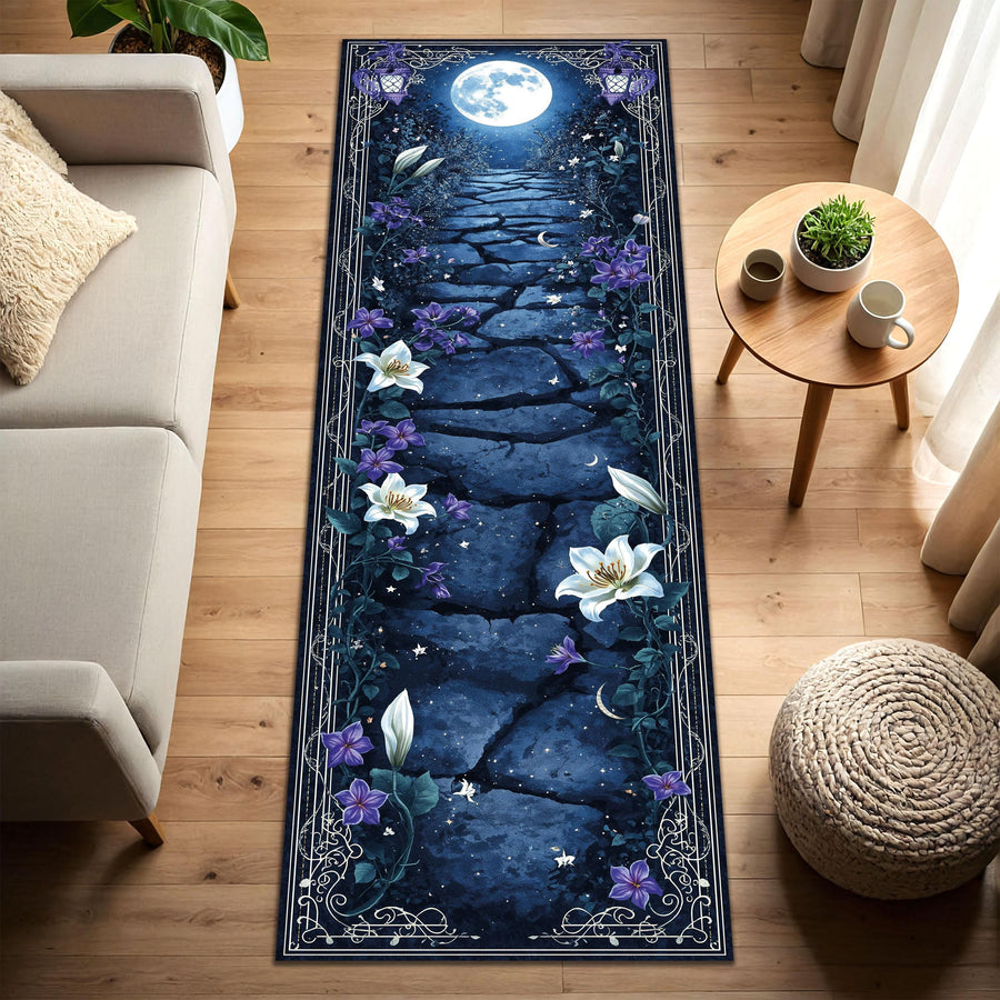 Moonlit Path Runner Rug, Mystical Floral Night Sky Carpet with Celestial Stars and Lilies, Non Slip Washable Hallway Runner Home Decor