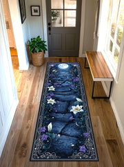 Moonlit Path Runner Rug, Mystical Floral Night Sky Carpet with Celestial Stars and Lilies, Non Slip Washable Hallway Runner Home Decor