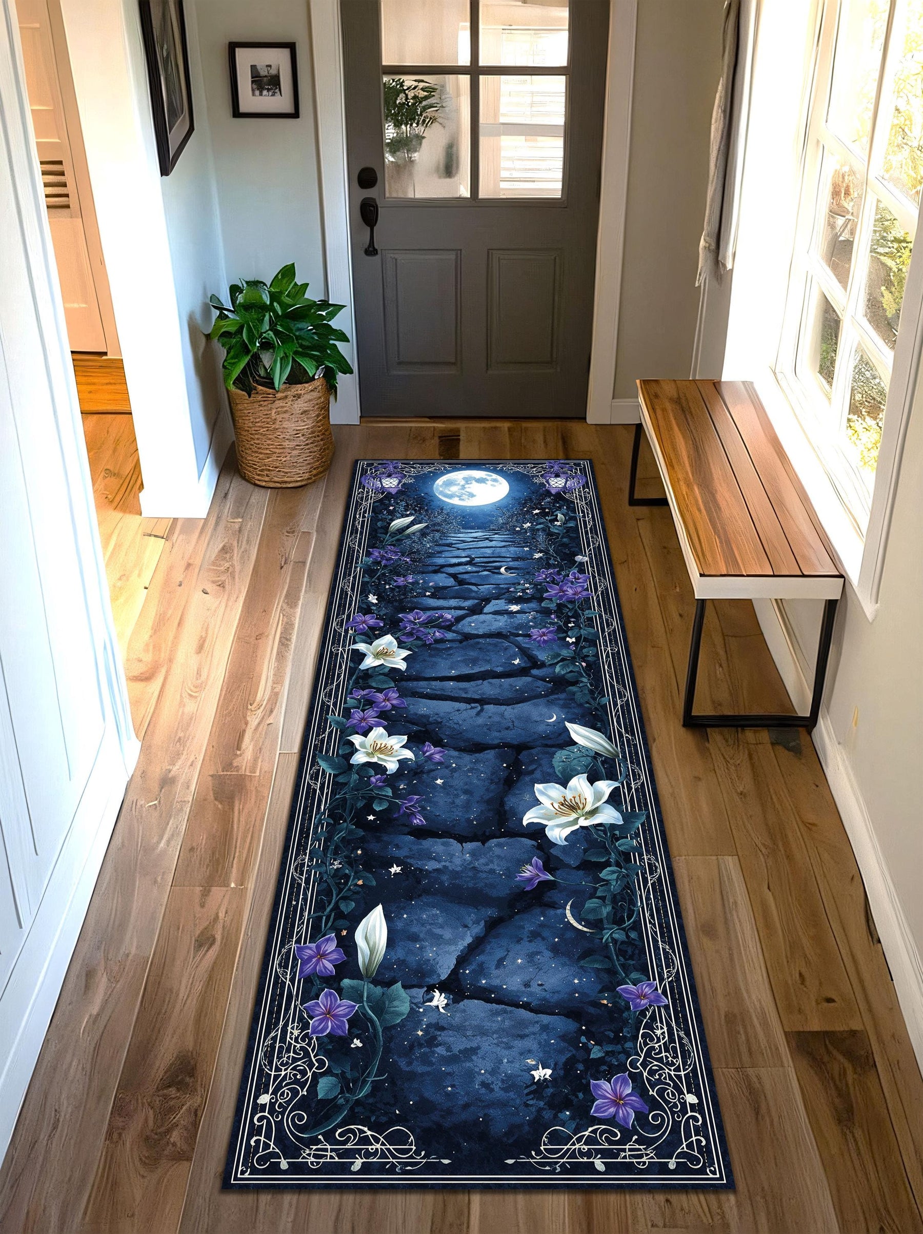 Moonlit Path Runner Rug, Mystical Floral Night Sky Carpet with Celestial Stars and Lilies, Non Slip Washable Hallway Runner Home Decor