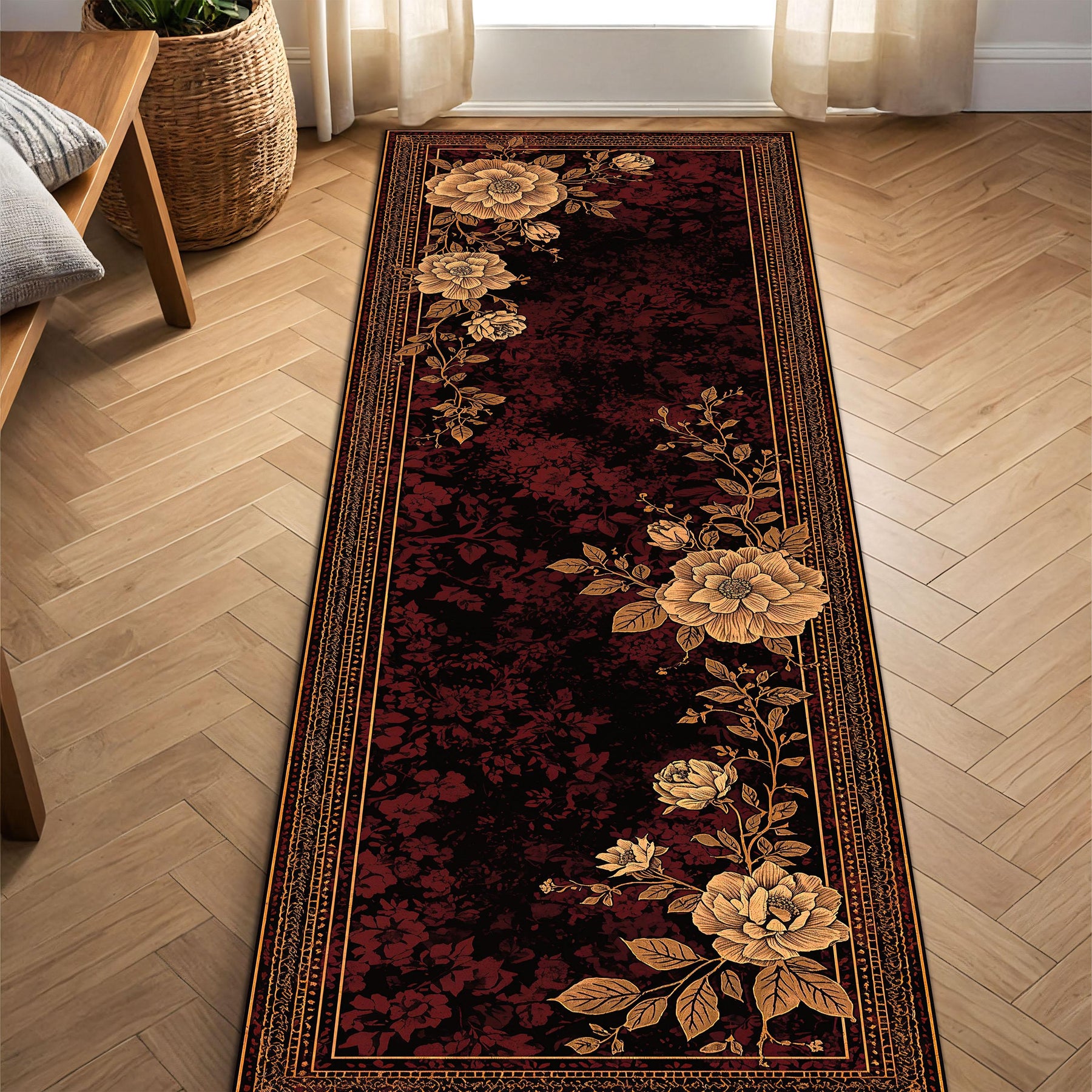 Vintage Floral Runner Rug in Burgundy and Gold, Elegant Hallway Carpet Runner, Antique Style Botanical Pattern, Living Room Entryway Decor