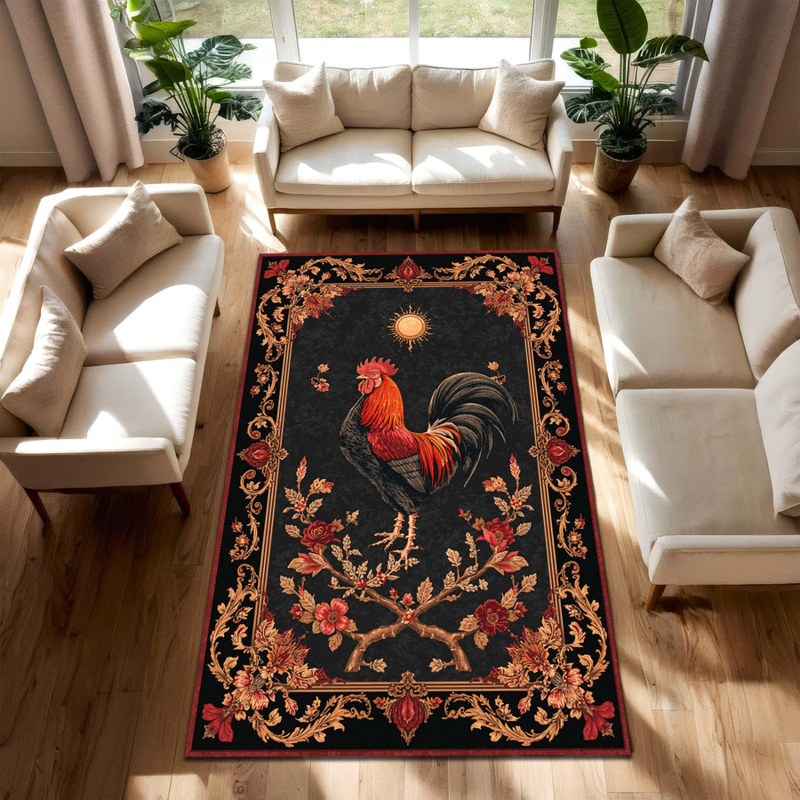 Vintage Rooster Rug with Baroque Floral Border, Black Farmhouse Area Carpet for Living Room, Rustic French Country Decor, Ornate Accent