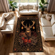 Stag Deer Floral Area Rug in Black and Gold – Woodland Boho Vintage Carpet for Living Room and Bedroom, Rustic Lodge Cozy Nature Decor