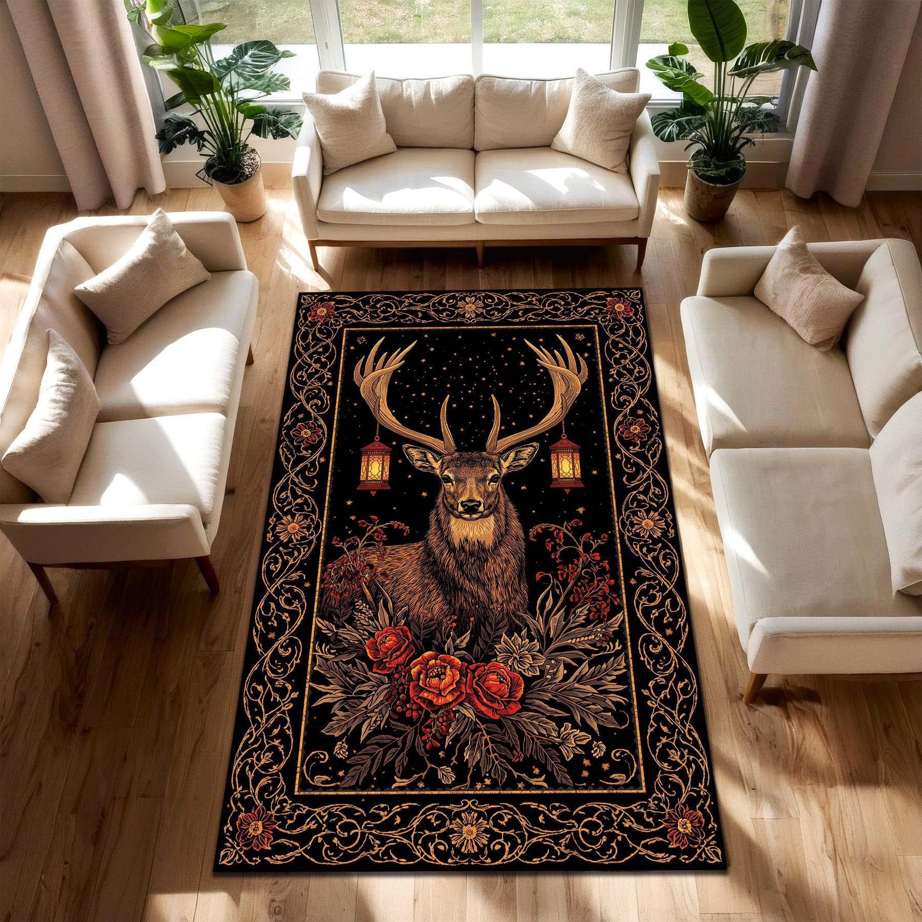 Stag Deer Floral Area Rug in Black and Gold – Woodland Boho Vintage Carpet for Living Room and Bedroom, Rustic Lodge Cozy Nature Decor