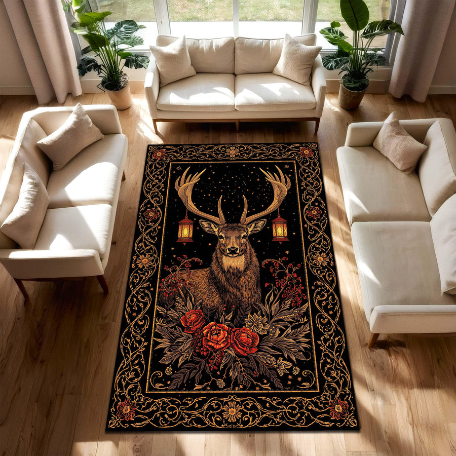 Stag Deer Floral Area Rug in Black and Gold – Woodland Boho Vintage Carpet for Living Room and Bedroom, Rustic Lodge Cozy Nature Decor