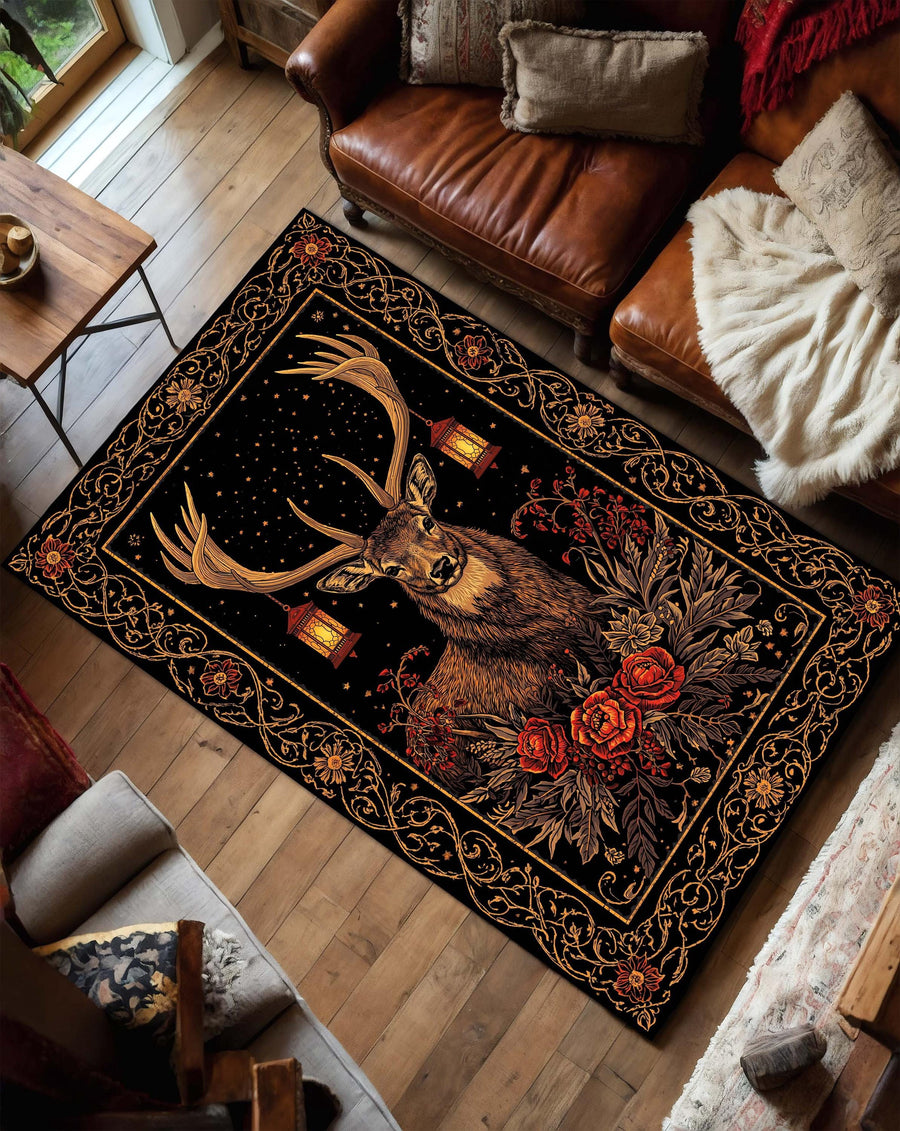 Stag Deer Floral Area Rug in Black and Gold – Woodland Boho Vintage Carpet for Living Room and Bedroom, Rustic Lodge Cozy Nature Decor