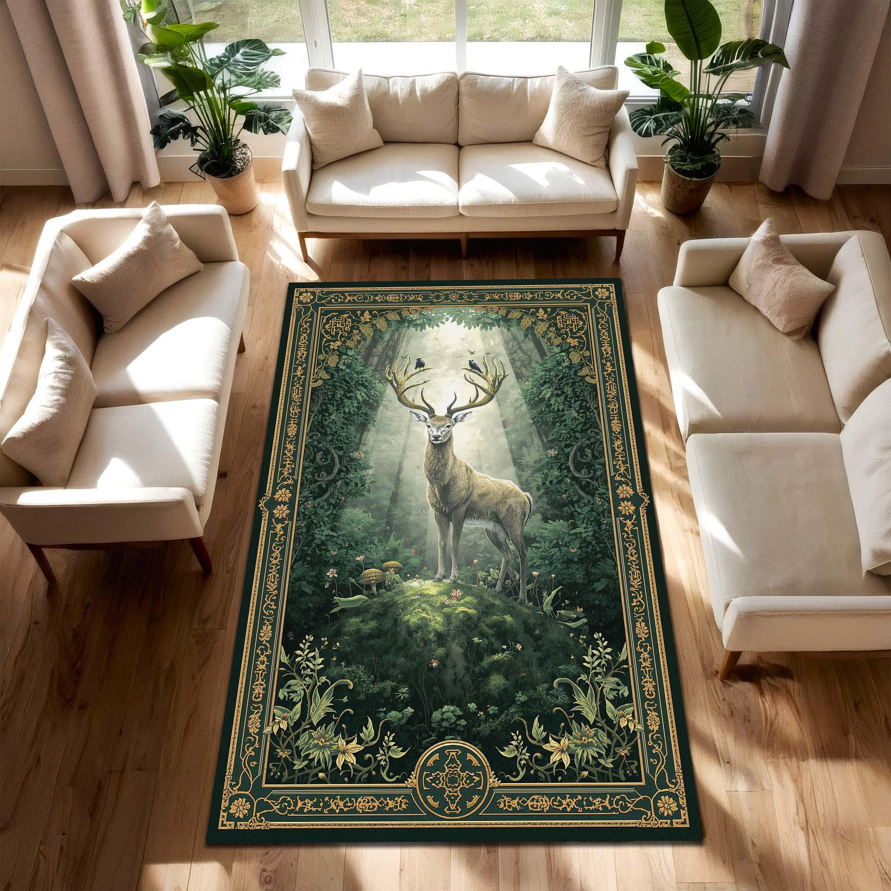 Woodland Stag Forest Rug – Vintage Botanical Deer Area Rug in Emerald Green & Gold, Nature Inspired Living Room Carpet, Cottagecore Decor