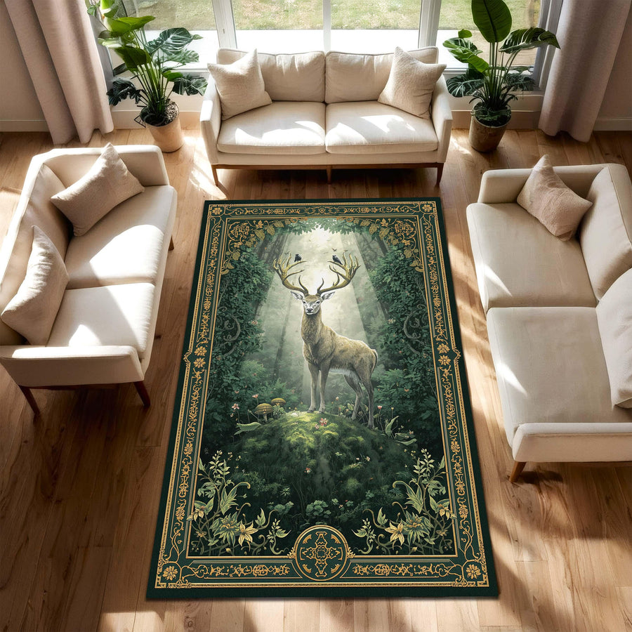 Woodland Stag Forest Rug – Vintage Botanical Deer Area Rug in Emerald Green & Gold, Nature Inspired Living Room Carpet, Cottagecore Decor