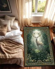 Woodland Stag Forest Rug – Vintage Botanical Deer Area Rug in Emerald Green & Gold, Nature Inspired Living Room Carpet, Cottagecore Decor