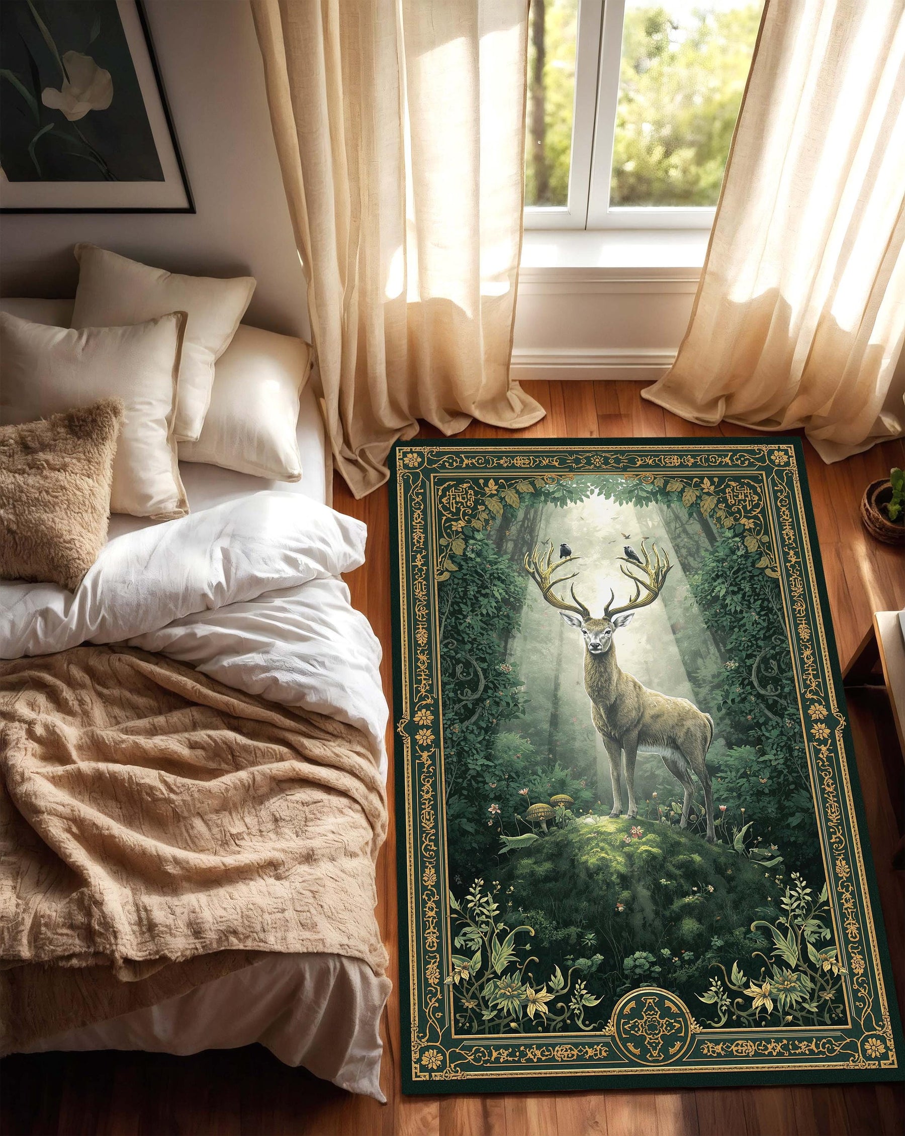 Woodland Stag Forest Rug – Vintage Botanical Deer Area Rug in Emerald Green & Gold, Nature Inspired Living Room Carpet, Cottagecore Decor