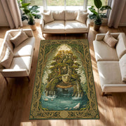 Fantasy Turtle Island Area Rug, Mystical Forest Waterfall Carpet, Green Gold Boho Living Room Decor, Nature Art Accent, Unique DnD Gift