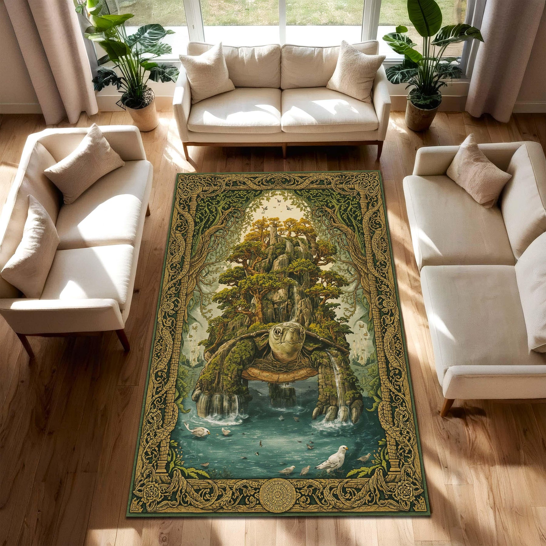 Fantasy Turtle Island Area Rug, Mystical Forest Waterfall Carpet, Green Gold Boho Living Room Decor, Nature Art Accent, Unique DnD Gift