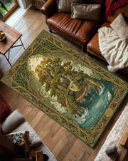 Fantasy Turtle Island Area Rug, Mystical Forest Waterfall Carpet, Green Gold Boho Living Room Decor, Nature Art Accent, Unique DnD Gift