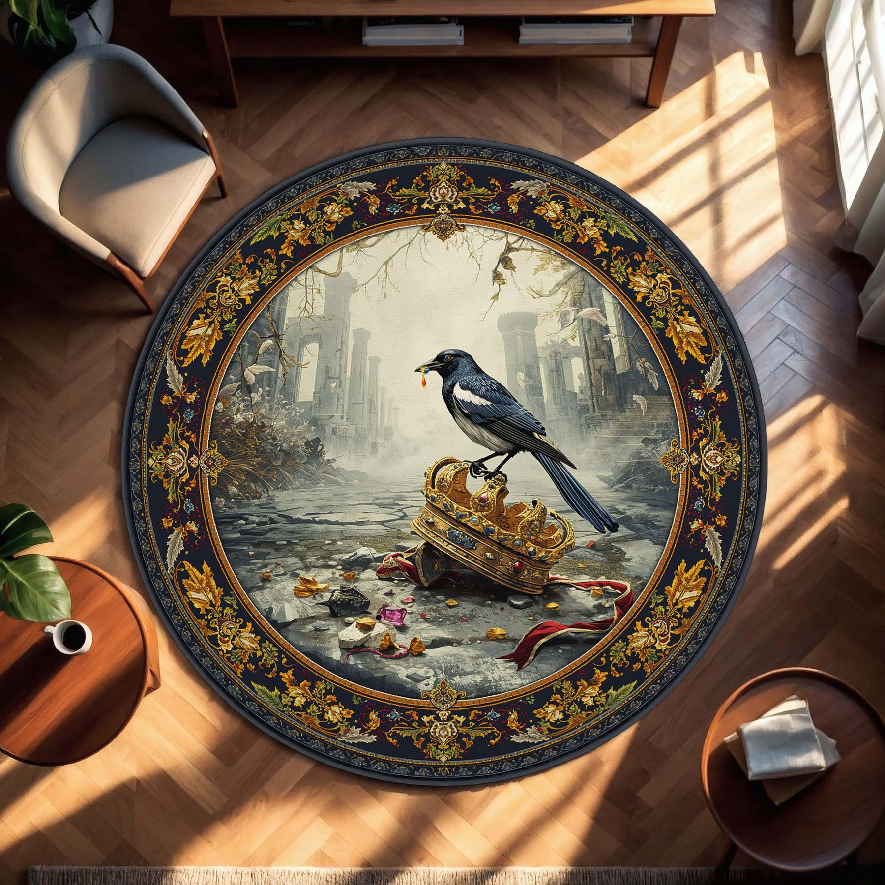 Magpie on Royal Crown Round Rug – Baroque Vintage Art Carpet, Gothic Ruins Aesthetic, Dark Blue Gold Medallion, Living Room Bedroom Decor