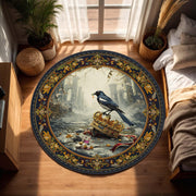 Magpie on Royal Crown Round Rug – Baroque Vintage Art Carpet, Gothic Ruins Aesthetic, Dark Blue Gold Medallion, Living Room Bedroom Decor
