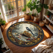 Magpie on Royal Crown Round Rug – Baroque Vintage Art Carpet, Gothic Ruins Aesthetic, Dark Blue Gold Medallion, Living Room Bedroom Decor