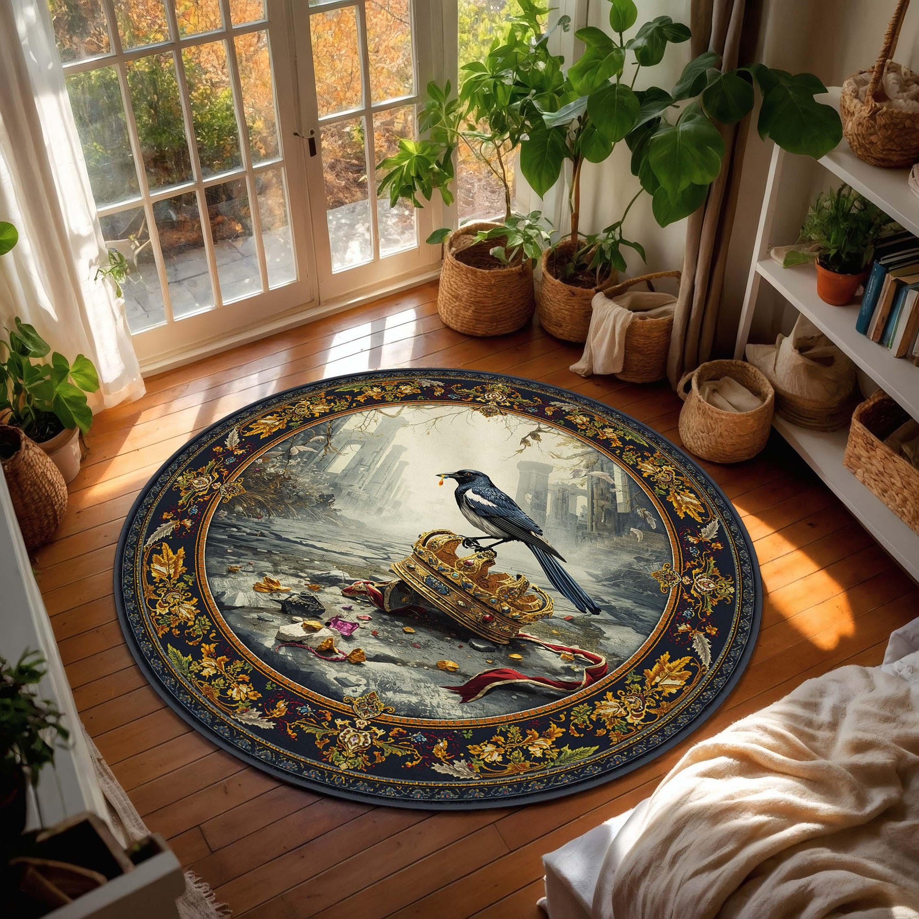 Magpie on Royal Crown Round Rug – Baroque Vintage Art Carpet, Gothic Ruins Aesthetic, Dark Blue Gold Medallion, Living Room Bedroom Decor