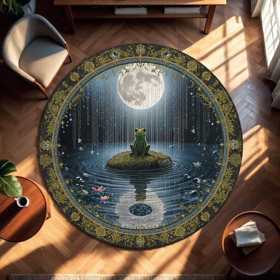Moonlit Frog Round Rug | Celestial Lake Scene Round Carpet, Boho Witchy Cottagecore Decor for Living Room Bedroom Nursery Mystical Night Art