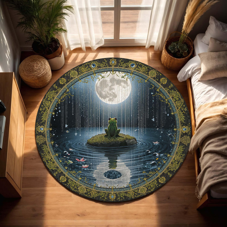 Moonlit Frog Round Rug | Celestial Lake Scene Round Carpet, Boho Witchy Cottagecore Decor for Living Room Bedroom Nursery Mystical Night Art