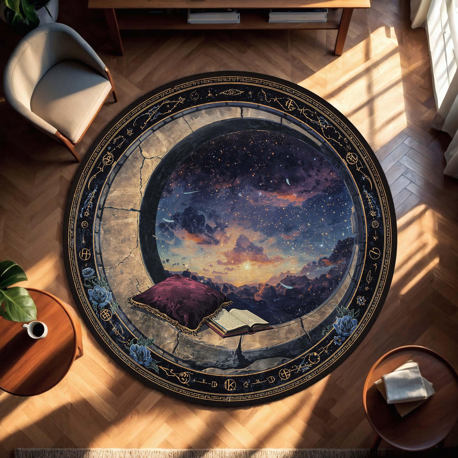 Moon Window Starry Sky Round Rug - Book Lover Gift Reading Nook Rug, Celestial Symbols Soft Area Mat for Cozy Bedroom or Living Room