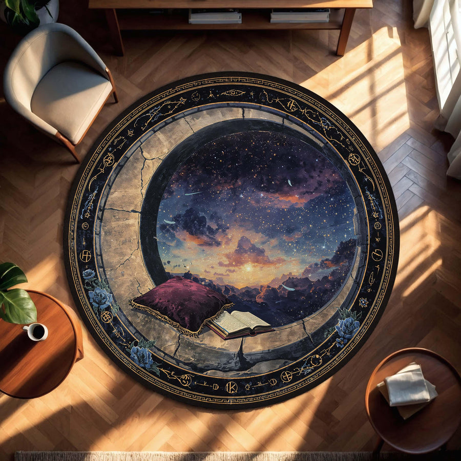 Moon Window Starry Sky Round Rug - Book Lover Gift Reading Nook Rug, Celestial Symbols Soft Area Mat for Cozy Bedroom or Living Room