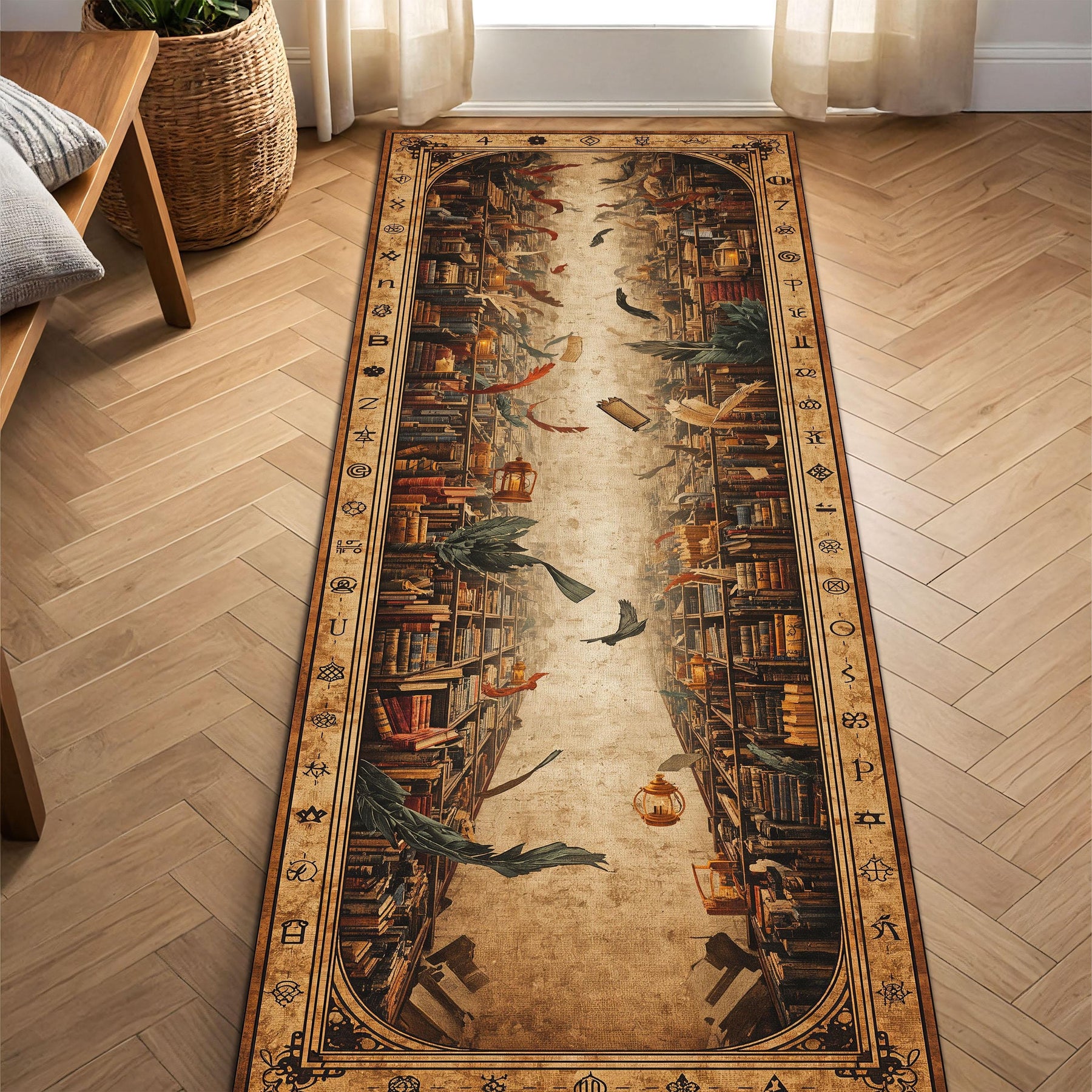 Vintage Library Hallway Runner Rug, Bookish Aesthetic Carpet with Magical Symbols, Antique Book Shelves Print, Rustic Boho Entryway Decor