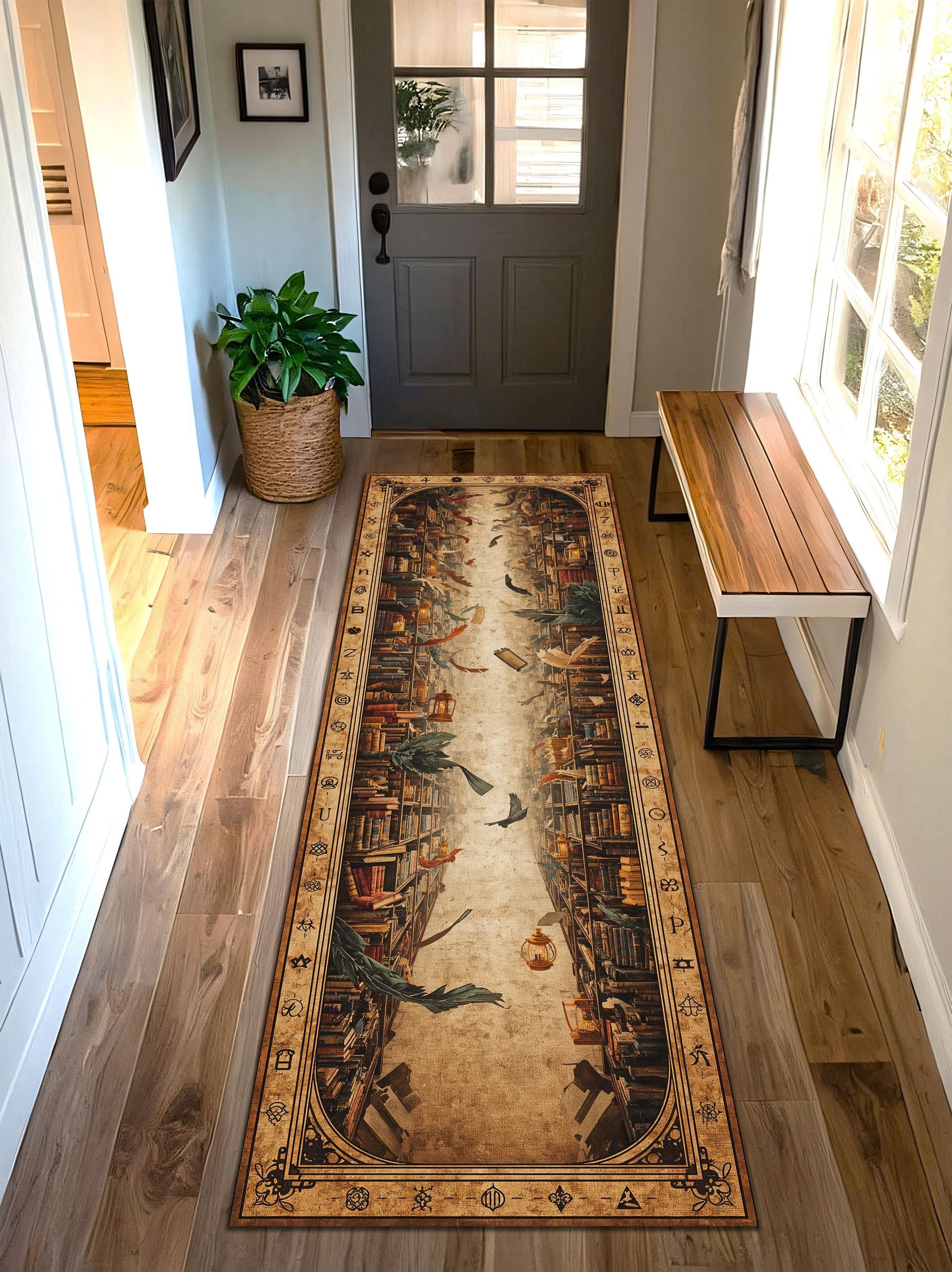 Vintage Library Hallway Runner Rug, Bookish Aesthetic Carpet with Magical Symbols, Antique Book Shelves Print, Rustic Boho Entryway Decor