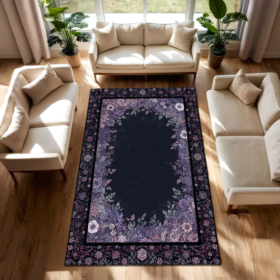 Dark Floral Border Area Rug in Black and Purple, Vintage Botanical Carpet for Living Room & Bedroom, Soft Low Pile Non Slip Washable Rug