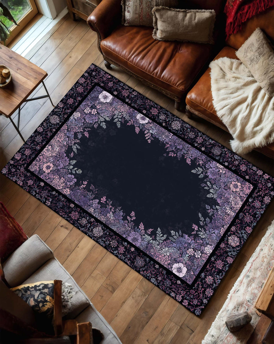 Dark Floral Border Area Rug in Black and Purple, Vintage Botanical Carpet for Living Room & Bedroom, Soft Low Pile Non Slip Washable Rug