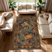 Oriental Dragon Area Rug, Vintage Asian Style Carpet, Mythic Serpent Art, Dark Boho Living Room Decor, Bedroom Accent, Non Slip Washable