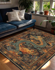 Oriental Dragon Area Rug, Vintage Asian Style Carpet, Mythic Serpent Art, Dark Boho Living Room Decor, Bedroom Accent, Non Slip Washable