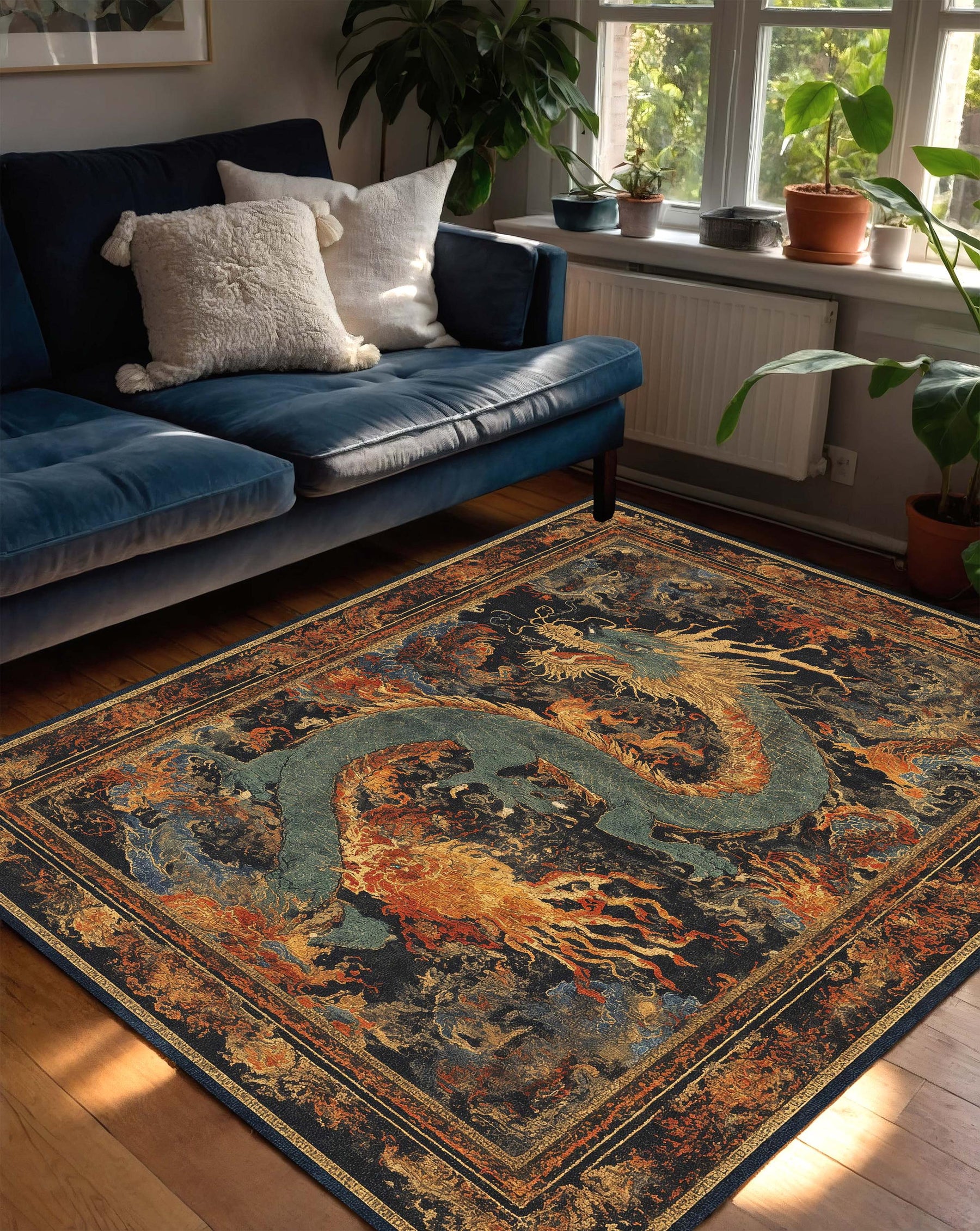 Oriental Dragon Area Rug, Vintage Asian Style Carpet, Mythic Serpent Art, Dark Boho Living Room Decor, Bedroom Accent, Non Slip Washable