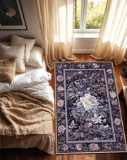 Purple Floral Area Rug, Vintage Rose Carpet, Dark Botanical Persian Style Living Room Bedroom Decor, Modern Traditional Accent Floor Mat