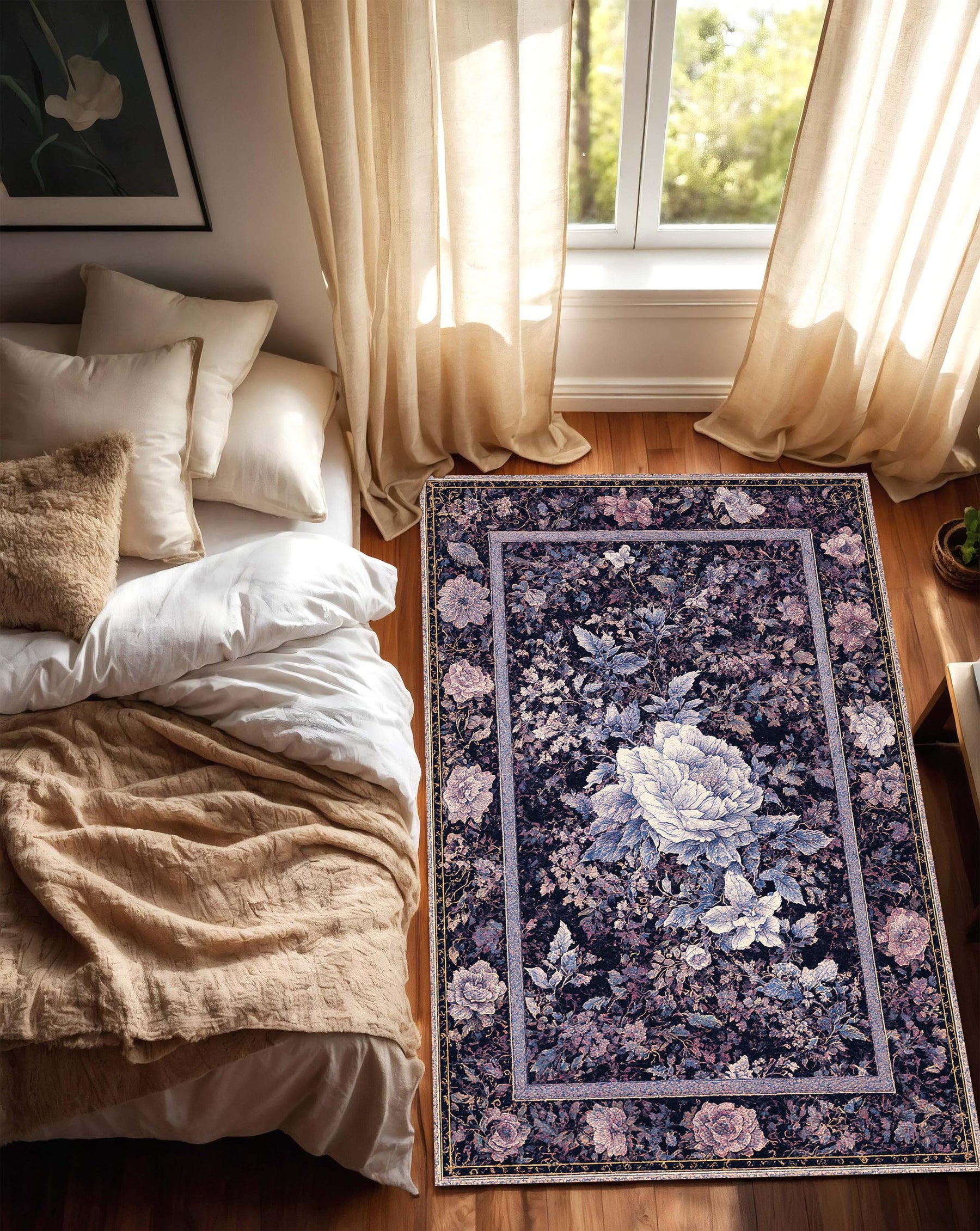 Purple Floral Area Rug, Vintage Rose Carpet, Dark Botanical Persian Style Living Room Bedroom Decor, Modern Traditional Accent Floor Mat