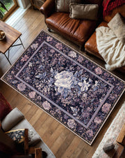 Purple Floral Area Rug, Vintage Rose Carpet, Dark Botanical Persian Style Living Room Bedroom Decor, Modern Traditional Accent Floor Mat