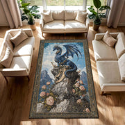 Blue Dragon Area Rug, Fantasy Medieval Carpet, Gothic Living Room Decor, Mythical Creature Art, Boho Vintage Style Floor Mat Gift Idea