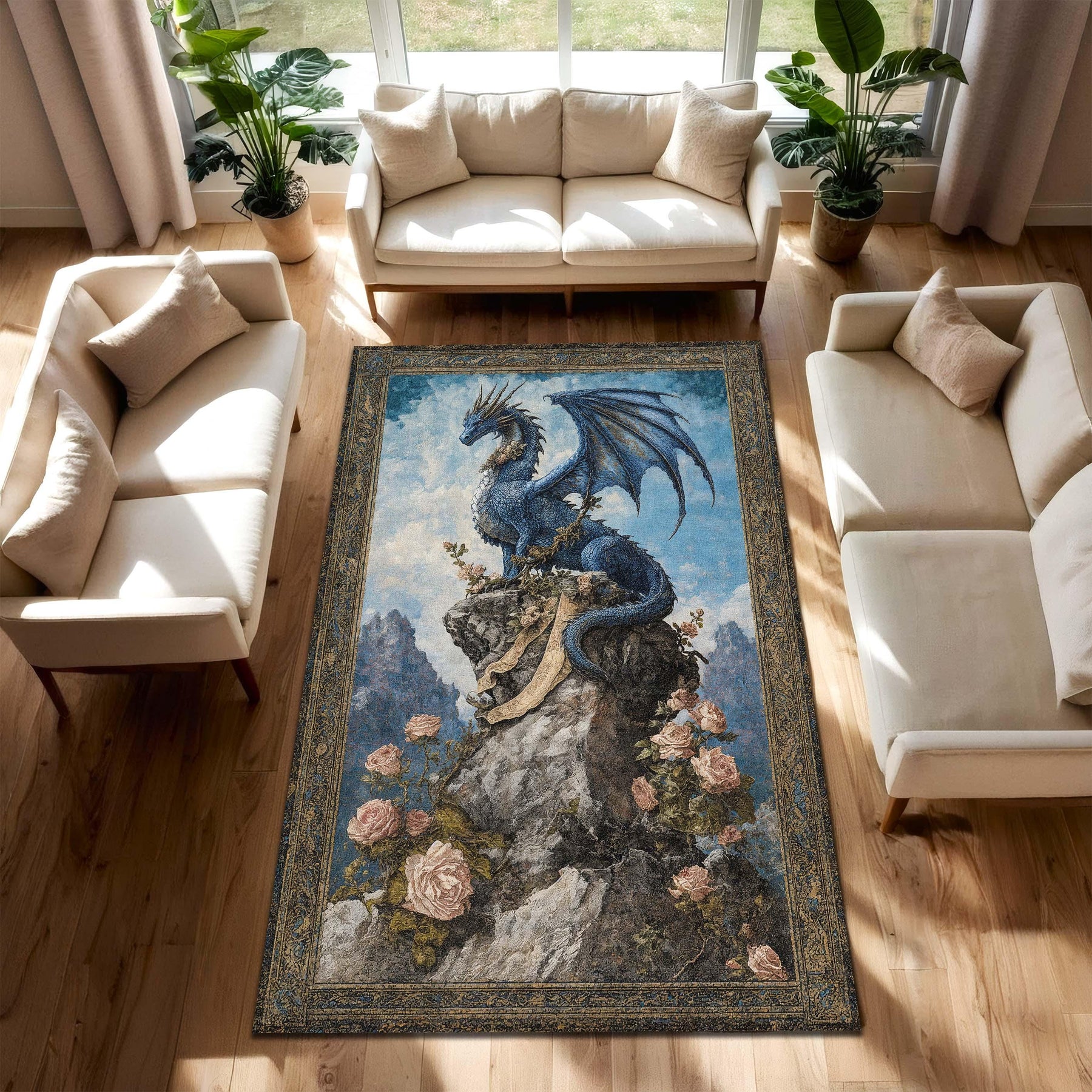 Blue Dragon Area Rug, Fantasy Medieval Carpet, Gothic Living Room Decor, Mythical Creature Art, Boho Vintage Style Floor Mat Gift Idea