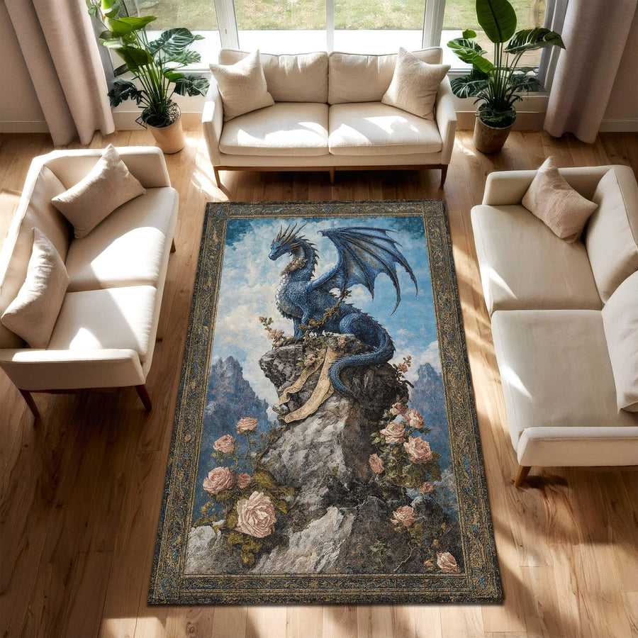 Blue Dragon Area Rug, Fantasy Medieval Carpet, Gothic Living Room Decor, Mythical Creature Art, Boho Vintage Style Floor Mat Gift Idea