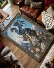Blue Dragon Area Rug, Fantasy Medieval Carpet, Gothic Living Room Decor, Mythical Creature Art, Boho Vintage Style Floor Mat Gift Idea