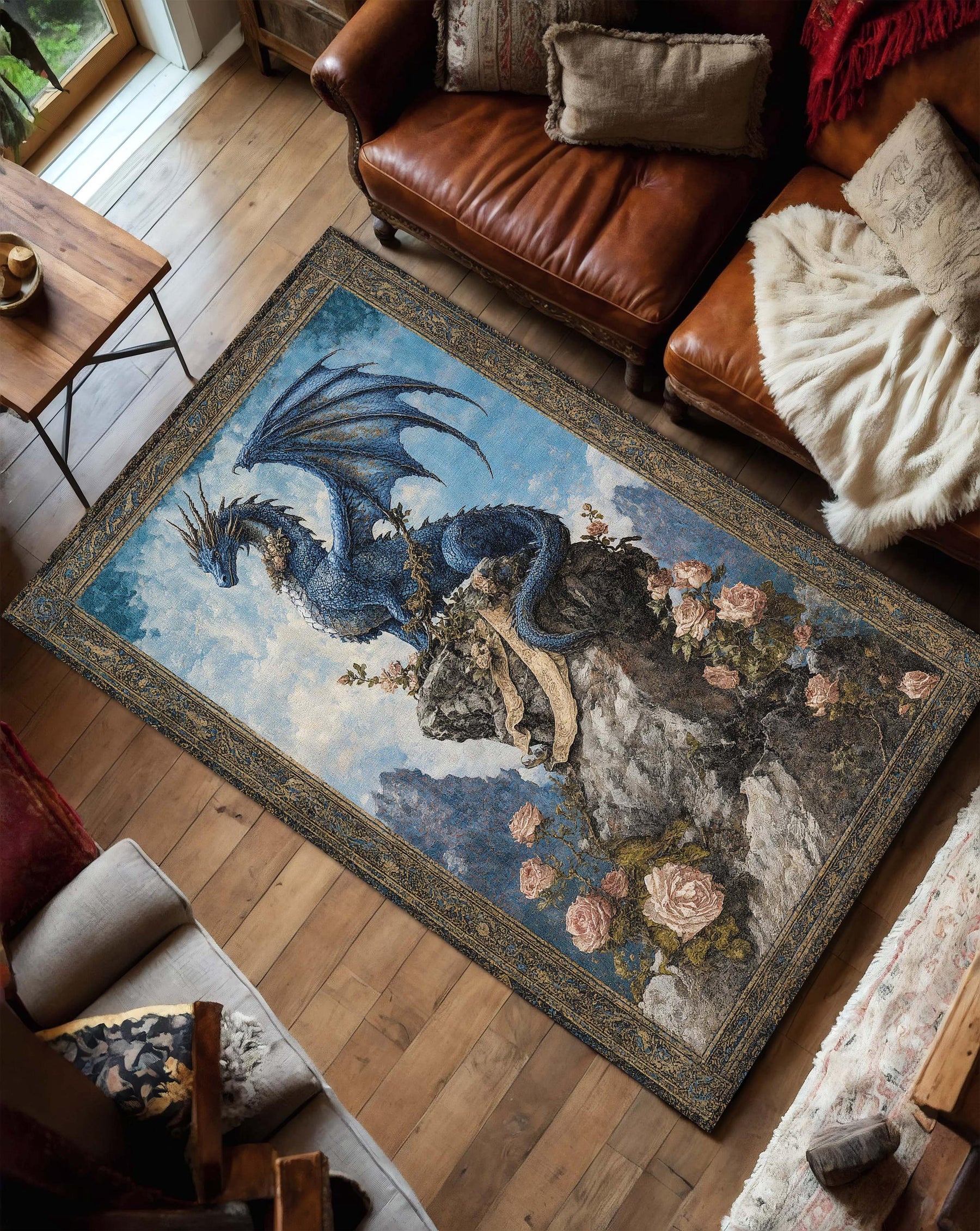 Blue Dragon Area Rug, Fantasy Medieval Carpet, Gothic Living Room Decor, Mythical Creature Art, Boho Vintage Style Floor Mat Gift Idea
