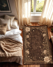 Gothic Brown Rose Rug – Vintage Floral Area Rug for Living Room Bedroom, Dark Academia Aesthetic Victorian Cottagecore Carpet Home Decor