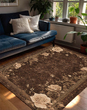 Gothic Brown Rose Rug – Vintage Floral Area Rug for Living Room Bedroom, Dark Academia Aesthetic Victorian Cottagecore Carpet Home Decor