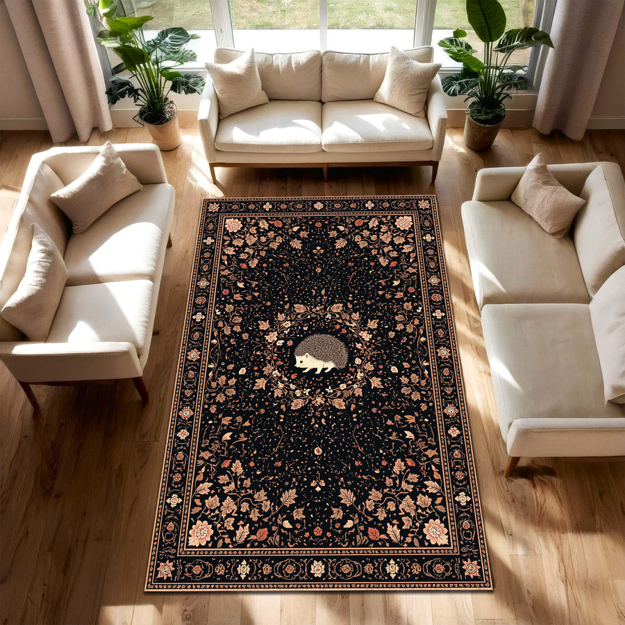 Hedgehog Area Rug, Vintage Floral Black Rug, Woodland Animal Carpet, Cottagecore Boho Living Room Decor