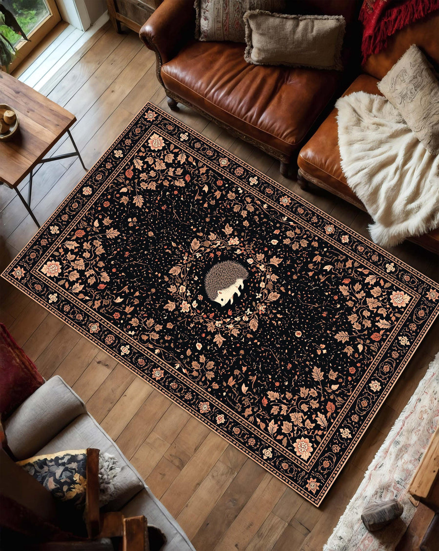 Hedgehog Area Rug, Vintage Floral Black Rug, Woodland Animal Carpet, Cottagecore Boho Living Room Decor