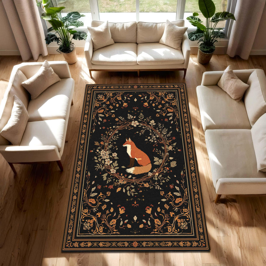 Fox Woodland Area Rug, Black Floral Vintage Style Carpet, Cottagecore Animal Decor for Living Room Bedroom or Nursery, Boho Home Rug