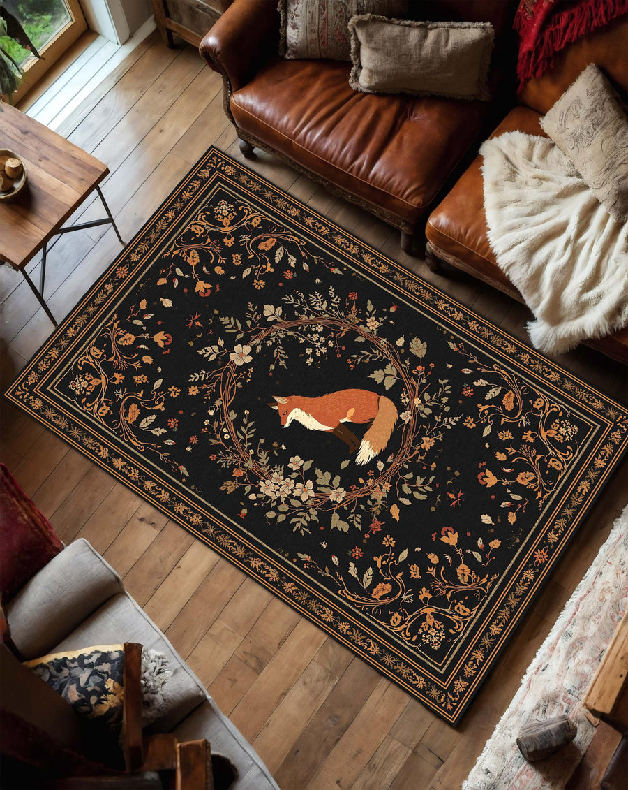 Fox Woodland Area Rug, Black Floral Vintage Style Carpet, Cottagecore Animal Decor for Living Room Bedroom or Nursery, Boho Home Rug